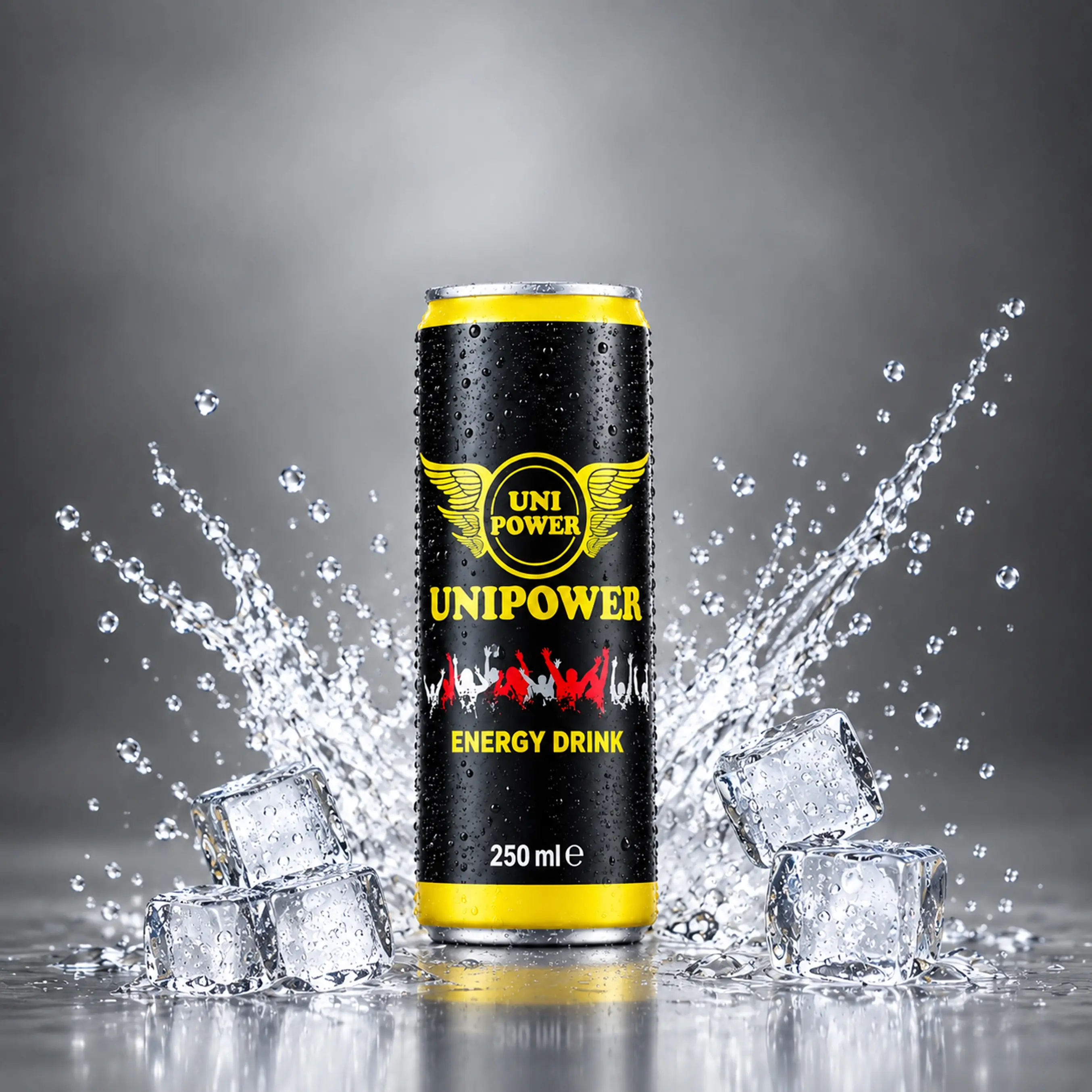 Uni Power Energy Drink 250ml black and gold can.